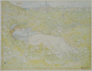 Nainen makaa dyynillä lähellä Noordwijkia Tyttö makaa nurmikolla Noordwijkin siluetin taustalla tekijältä Jan Toorop