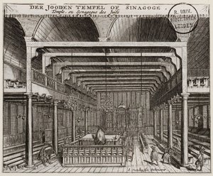 Amsterdamin portugalilaisen synagogan sisustus - Veenhuysen, tammikuu (toimii 1656-1685) - Kuparikaiverrus - 11,2x13,7 - Leidenin yliopiston kirjasto tekijältä Jan Veenhuysen
