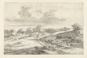 aDyynimaisema hahmoineen tien varrella, mökki kaukana tekijältä Jan Vermeer van Haarlem (I) (attributed to)