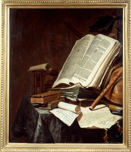 Kirjat ja soittimet Jan Vermeulenin (1638-1674) maalaus 1600-luvun su. 0,78x0,69 m Nantes, musee des Beaux Arts tekijältä Jan Vermeulen