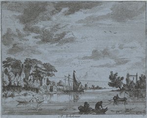 Liiketoimintaa joella Te, koulupoika (otsikko esineessä) Haarlemin alueen maisemat (sarjan nimi) Geigten Haarlemin ulkopuolella, Valmis. J.V.V. (sarjan otsikko objektissa)