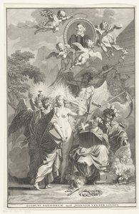 Allegorinen otsikkosivu kirjailija Edward Simsonin muotokuvalla Nimisivu: Edward Simson, Chronicon historiam catholicam complectens, 1729