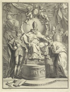 Valtaistuimella Adrian VI Otsikko voor: Burmann, Kasper. Hadrianus VI eli kuudennen roomalaisen paavin Hadrianuksen historiallinen anakleta, 1727 tekijältä Jan Wandelaar