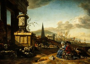 Italian merisatama (öljy paneelille) tekijältä Jan Baptist Weenix