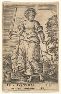 Oikeus, allegorinen hahmo, joka pitää vaakaa vasemmassa kädessään ja miekkaa oikeassa..., 1579.