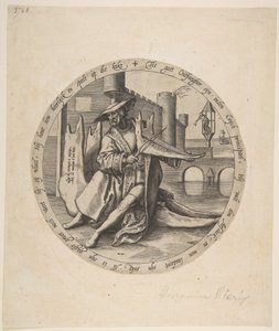 Rikas mies, joka soittaa viulua leukaluussa, n. 1568.