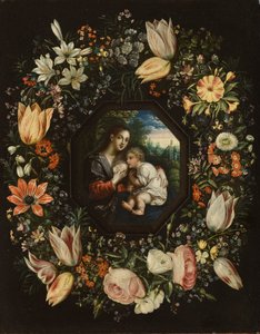 Madonna ja lapsi kukkaseppeleessä, n. 1625 (öljy kuparille) tekijältä Jan and Balen, Hendrik van Brueghel