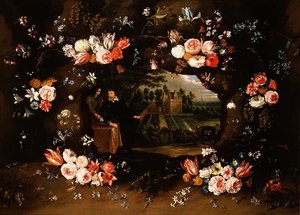 Nicolas de Mania edustavan medaljongin ympärillä oleva kukkaseppele hänen kiinteistönsä edessä Antwerpenissä, 1653