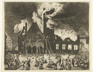 Tuli Amsterdamin vanhassa kaupungintalossa, 1652 Kuvaus vanhoista Stadthuysista, jotka poltettiin Amsterdamiin 7. heinäkuuta 1652