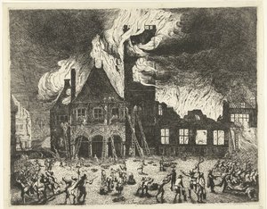 Tuli Amsterdamin vanhassa kaupungintalossa, 1652 Kuvaus vanhoista Stadthuysista, jotka poltettiin Amsterdamiin 7. heinäkuuta 1652