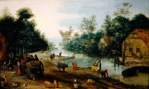 Kesäinen metsäinen jokimaisema, jossa matkustajat saapuvat majataloon (öljy paneelille) tekijältä Jan the Elder (circle of) Brueghel