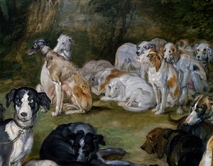 Koirat, yksityiskohta Dianalta ja Nymphsilta lähtöhetkellä tekijältä Jan the Elder Brueghel