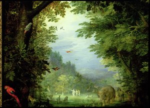 Maa tai Maanpäällinen paratiisi, yksityiskohta Aatamista ja Eevasta Jumalan ja muiden eläinten kanssa, 1607-08 öljy kuparille yksityiskohta 93899:stä