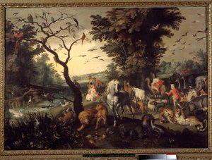 Sisäänkäynti arkkiin Eläimet saapuvat Noen arkkiin ennen vedenpaisumusta. Jan Brueghel vanhemman maalaus nimeltä Brueghel de Velours tekijältä Jan the Elder Brueghel