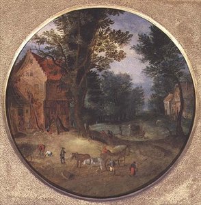 Flanderin maisema kärryillä ja hahmoilla (tondo, paneeli) tekijältä Jan the Elder Brueghel