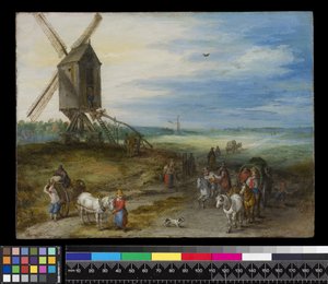 Maisema myllyllä ja kärryillä, n. 1611 (öljy kuparille) tekijältä Jan the Elder Brueghel