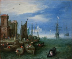 Port Scene Venetsiassa (öljy kuparilla) tekijältä Jan the Elder Brueghel