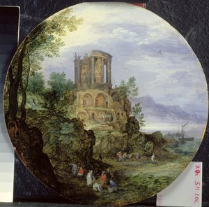 Etelärannikon maisema ja Vestan temppeli Tivolissa, 1595 tekijältä Jan the Elder Brueghel