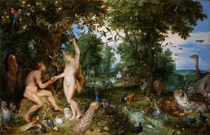 Eedenin puutarha ihmisen lankeemuksella, n. 1615. tekijältä Jan the Elder Brueghel