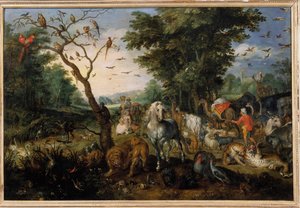 Eläinten nouseminen Noen arkkiin Jan Bruegelin (tai Breugelin tai Brueghelin tai Breughelin) maalaus, entinen Bruegel de Velours (1568-1625) 1600-luvun Orleans, Musee des Beaux Arts - Eläinten saapuminen Nooan arkkiin Maalaus Jan tekijältä Jan the Elder Brueghel