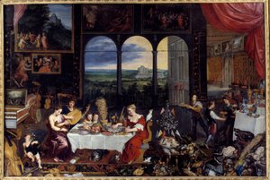Maku, kuulo ja kosketus. Allegoria viidestä aistista Rikkaan perheen ateria: siipikarja ja äyriäiset (myös osterit) muodostavat juhlamenun. Jan I Brueghel Dit De Veloursin maalaus (1568-1625) Ec. Flam tekijältä Jan the Elder Brueghel