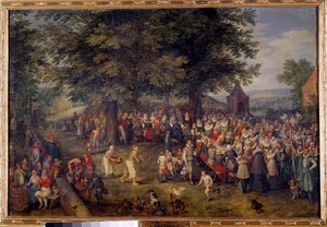 Hääjuhla Scene hääillallinen kylässä. Jan Brueghelin (tai Bruegelin tai Brueghelin tai Brueghelin) maalaus, joka tunnettiin aiemmin nimellä Bruegel de Velours (1568-1625) 1600-luvun Madrid, Musee du Prado tekijältä Jan the Elder Brueghel