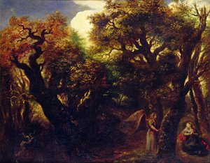 Metsäinen maisema Hagarin ja enkelin kanssa, n. 1645