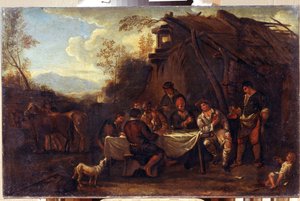 Hyvää kokousta (Merrymeeting). Jan Mielin (1599-1664) maalaus. Flanderin barokkityylistä taidetta. Öljy kankaalle. Alueellinen I. Kramskoin taidemuseo, Voronezh (Voronezh, Venäjä).