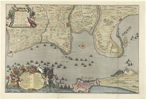 Kartta liittoutuneiden maihinnousu- ja tutkimusmatkasta Cadizissa, 1702 Ormontin herttuan ja kenraalimajurin sekä Baron de Spar Ceedertin 26. elokuuta tekemä suunnitelma Cadixin maihinnoususuunnitelmasta Campementsin ja Marsen kanssa. tekijältä Jan van Call (I)