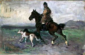 Ratsastaja vinttikoirien kanssa, n. 1890 (öljy aluksella)