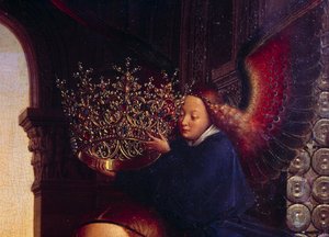 Enkeli kruunaa Neitsyt. Yksityiskohta "" Kansleri Rolinin neitsyt"" Nicolas Rolin (1376-1461) oli Burgundin liittokansleri Philippe Le Bonin johdolla ja Hospices de Beaunen perustaja vuonna 1443. Jan van Eyckin (1390-1441) maalaus tekijältä Jan van Eyck