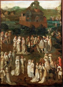 Hoviseurue burgundilaisen linnan edessä (öljy puulle) tekijältä Jan van Eyck