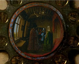 Yksityiskohta Giovanni Arnolfinin ja hänen vaimonsa muotokuvasta tekijältä Jan van Eyck