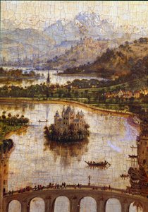 Maisema"" Yksityiskohta "" Kansleri Rolinin neitsyt""" Nicolas Rolin (1376-1461) oli Burgundin liittokansleri Philippe Le Bonin johdolla ja Hospices de Beaunen perustaja vuonna 1443. Jan van Eyckin (1390-1441) maalaus tekijältä Jan van Eyck