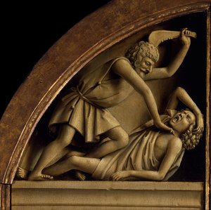 Gentin alttaritaulu. Mystisen karitsan palvonta: Kain tappaa Abelin, 1432. tekijältä Jan van Eyck