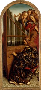 Gentin alttaritaulu. Mystisen karitsan palvonta: Musiikkia tekevät enkelit, 1432. tekijältä Jan van Eyck