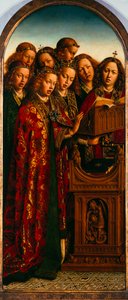Gentin alttaritaulu. Mystisen Karitsan palvonta: Laulavat enkelit, 1432. tekijältä Jan van Eyck