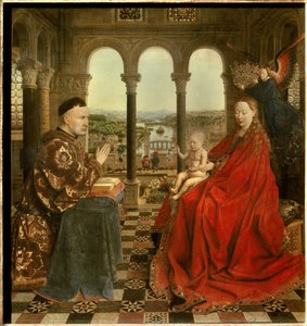 Kansleri Rolinin neitsyt Nicolas Rolin (1376-1461) oli Burgundin liittokansleri Philippe Le Bonin johdolla ja Hospices de Beaunen perustaja vuonna 1443. Jan van Eyckin (1390-1441) maalaus. 1500-luvun aurinko. 0,66x0,62 m Pariisi, - Kansleri R:n neitsyt tekijältä Jan van Eyck