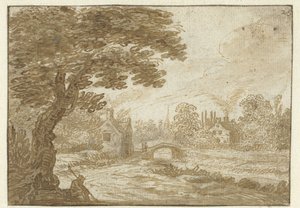 Maisema taloja ja siltaa tekijältä Jan van Goyen (possibly)