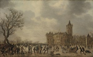 Talvimaisema, jossa hahmot laskeutuvat jäälle Montfoortin linnan luona. tekijältä Jan van Goyen