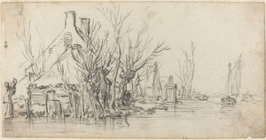 Mökkejä joen rannalla tekijältä Jan van Goyen