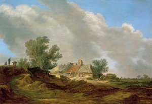 Dyyni maisema, jossa on mökki ja hahmoja tekijältä Jan van Goyen