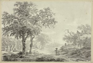 Mies ja poika kävelevät kylän tiellä tekijältä Jan van Goyen