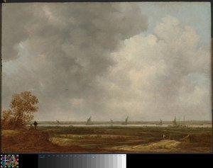 Panoraamanäkymä joelle ja matalat niityt tekijältä Jan van Goyen