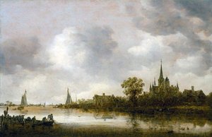 Jokimaisema, jossa kirkko kaukana tekijältä Jan van Goyen