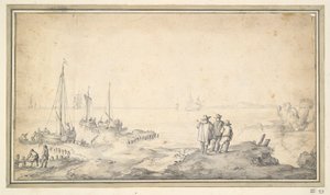 Kolme hahmoa dyynillä, josta on näkymät lahdelle laivojen kanssa tekijältä Jan van Goyen
