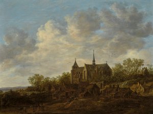 Näkymä kylään, jossa on suuri goottilainen kirkko tekijältä Jan van Goyen