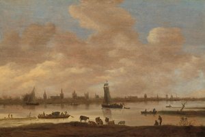 Näkymä kuvitteellisesta kaupungista joen toisella puolella, ja Viasen Saint Polin torni tekijältä Jan van Goyen