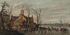 Talvimaisema, jossa hahmoja jäällä mökin lähellä tekijältä Jan van Goyen