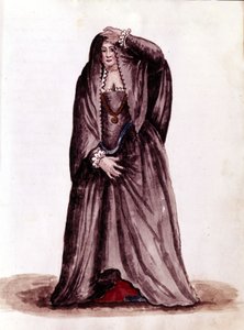 Venetsialainen kurtisaani 1700-luvulla. Akvarellipiirros ja muste Jan van Grevenbroeckin (tai Giovanni Grevembrochin (Grevenbroch) (1731-1807) käsikirjoituksesta "Venitsialaisten tulli") tekijältä Jan van Grevenbroeck